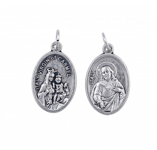 Medalik metalowy z Matką Bożą Szkaplerzną i Sercem Jezusa